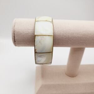 Vintage Mother of Pearl Panel Bangle Bracelet Brass Lined 1 Inch Wide